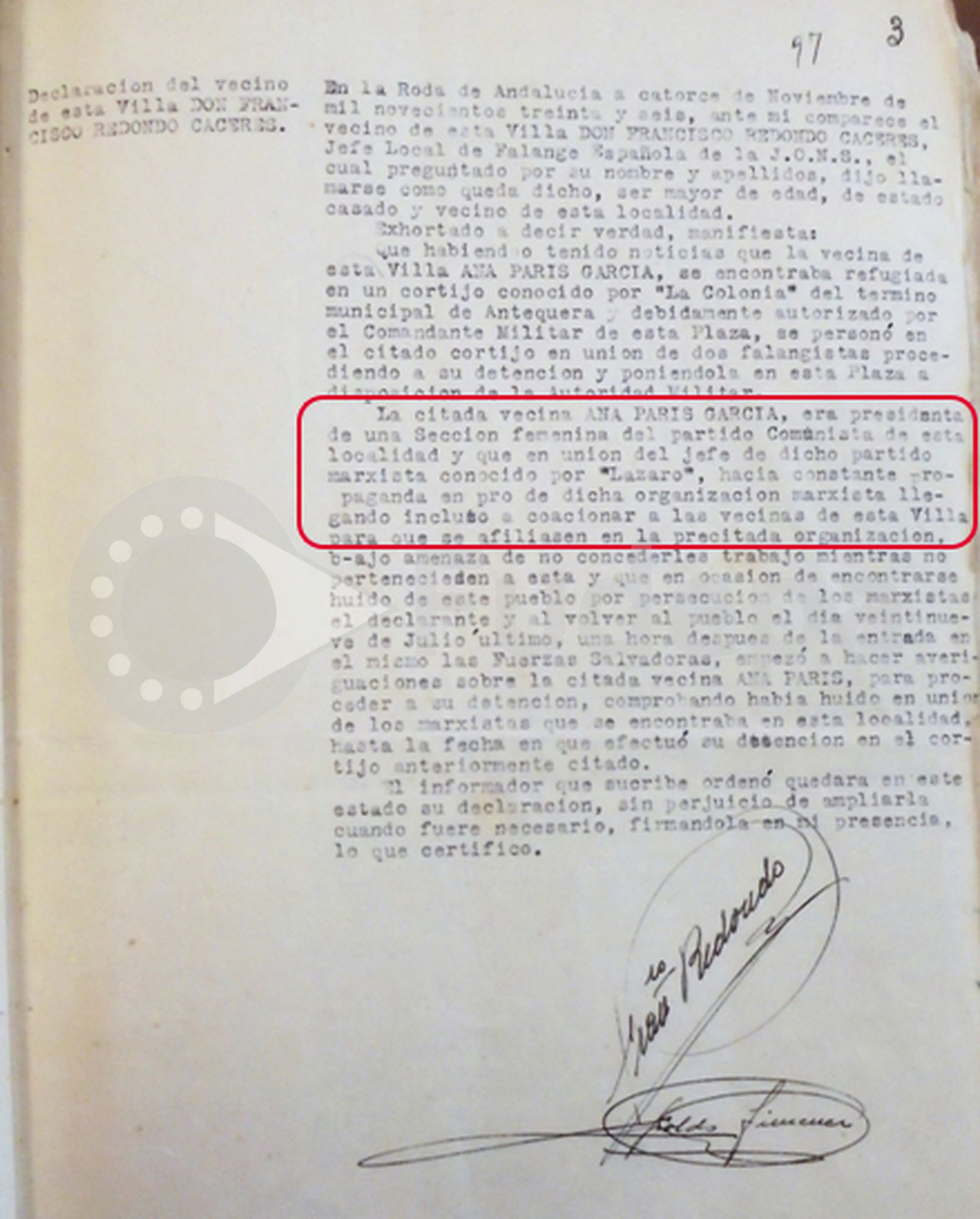 Declaración de Francisco Redondo Cáceres, Jefe Local de Falange Española y de las JONS, el 14 de noviembre de 1936.