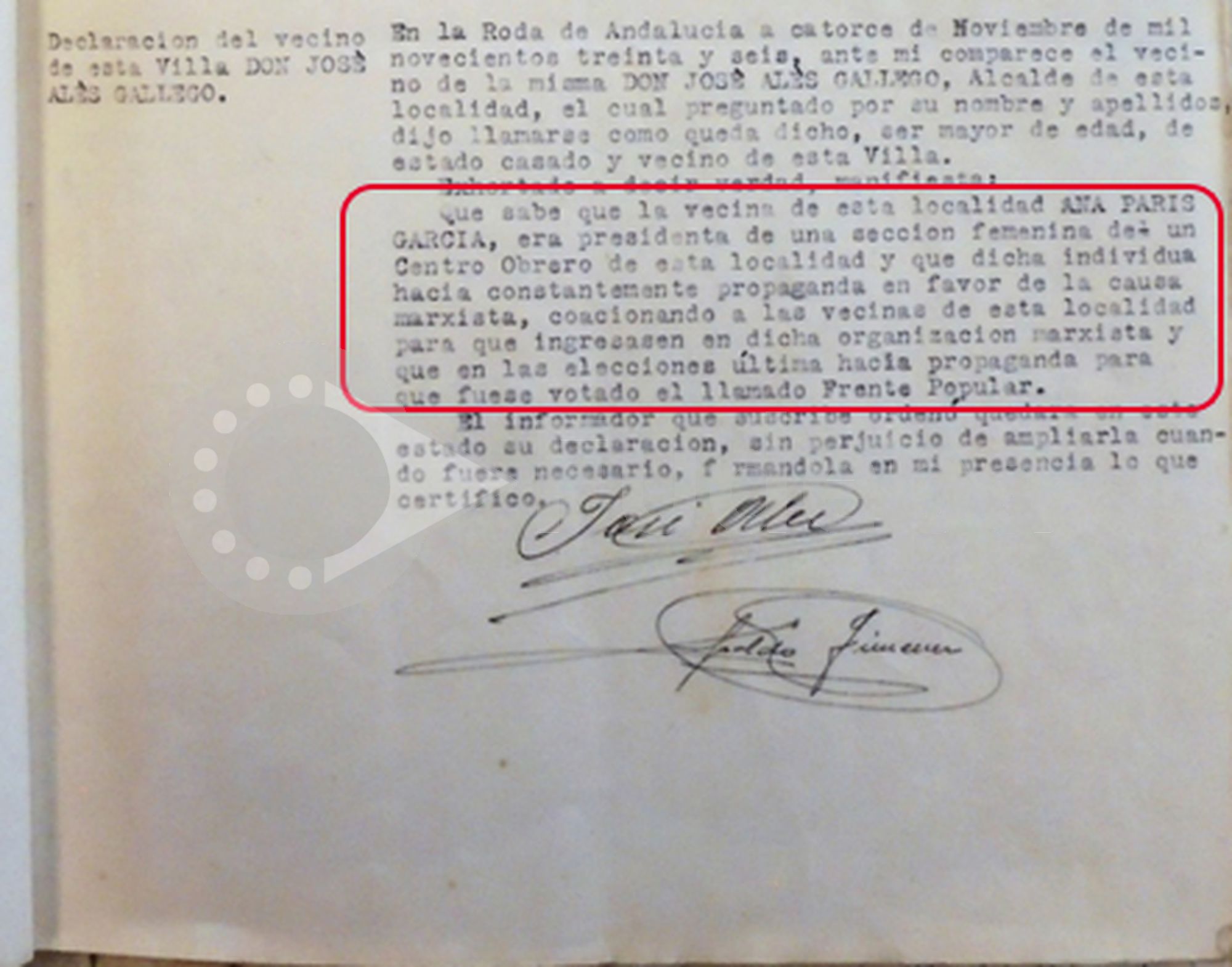 Declaración de José Alés Gallego, Alcalde de la Roda de Andalucía el 14 de noviembre de 1936.