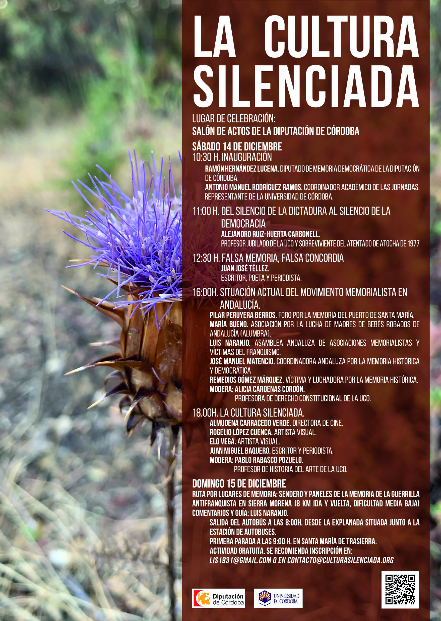 Los próximos 14 y 15 de diciembre, desde las 10:30 h., tendrá lugar en el salón de actos de la Diputación de Córdoba las I Jornadas "La cultura silenciada"